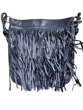 Doncaster Italy Blue Gray Leather Shoulder Bag, Purse, Fringe Boho Snap Close